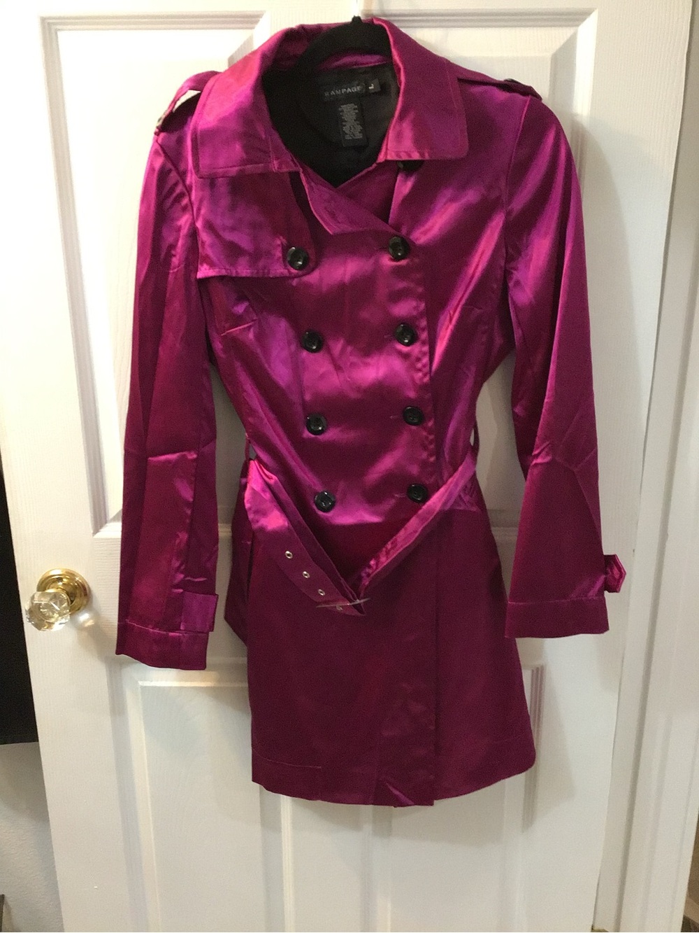 Rampage Double-Breasted Satin Trench Coat - Fuchsia
